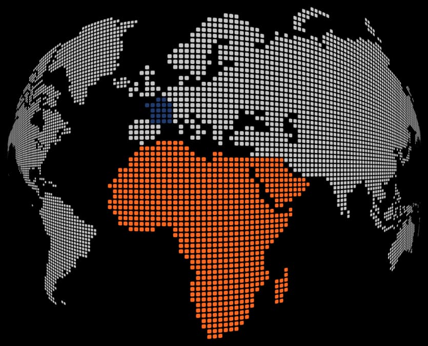 Carte des zones d'intervention d'AS Biz Dev en Afrique et au Moyen-Orient.